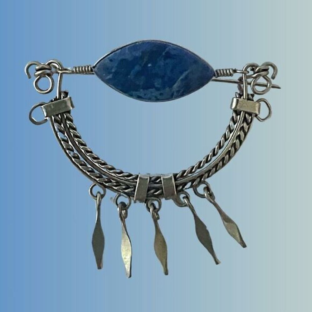 Vintage 70s Peruvian Wirework Pin/Brooch Silver/Lapis/Sodalite‎ BLUE!